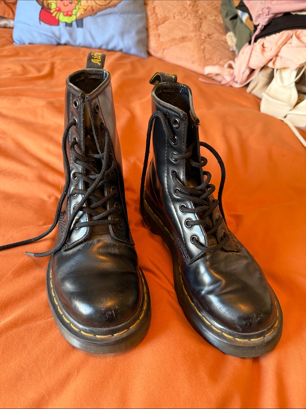 Dr. Martens Black Leather 8-Eye Lace-Up Boots with Yellow Stitching